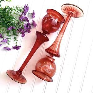 Vintage Czech Bohemian Cranberry Orange Etched Glass Candleholders PAIR